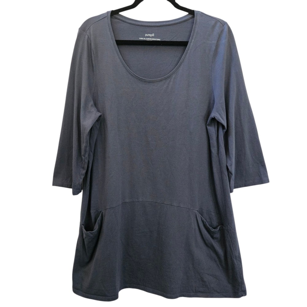PURE JILL Top Women's L Curved Seam Tunic Tee Navy Lagenlook Pima Cotton Pocket